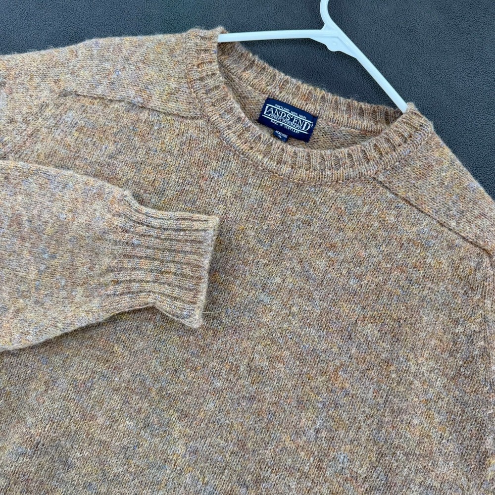 Vintage Lands End Mens XL Long Shetland Wool Sweater Made Scotland Tan Heather